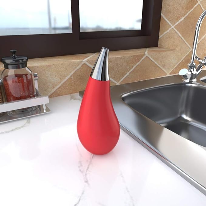 Kitchen Bathroom Counter top Squeezable Soap Dispensers Tear Drop Shape Bottle (Red, ~7oz)
