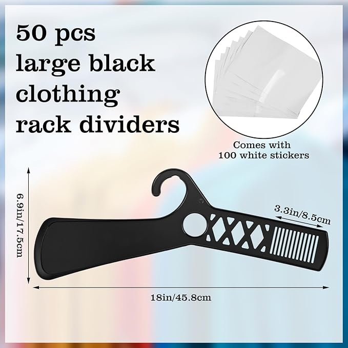 DoubleFill 50 Pcs Large Closet Dividers and 100 Pcs White Blank Cards 18 Inch Clothing Rack Size Dividers for Hanging Clothes, Black Garment Rack Tag for Clothes Organization