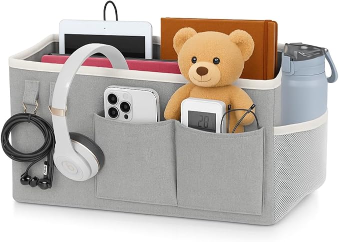 ADVANCELLPRO Bedside Caddy Organizer Hanging Storage Bag with Pockets for Books, Magazines, Phone, Tablet & Water Bottle – Bedside Storage for Dorm, Bunk Beds, Hospital Beds & Cribs,Grey