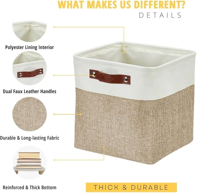 DECOMOMO Storage Cubes, 11x11 Cube Storage Bins, Baskets for Shelves (Beige & White, 4 Pack)