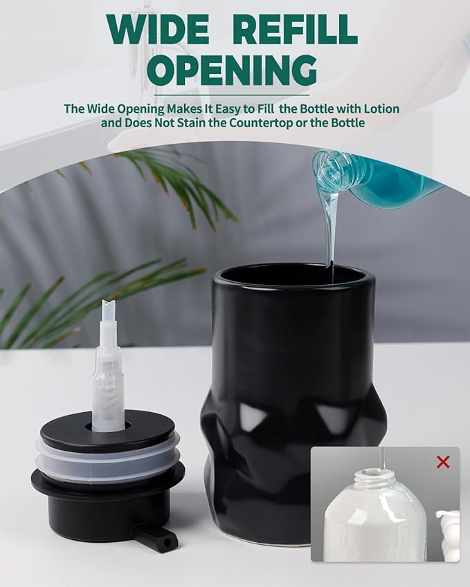 BosilunLife Hand Soap Dispenser - Foam Soap Dispenser Bathroom Ceramic Dish Liquid Soap Dispenser for Kitchen, Bathroom Countertop Soap Dispensers (Black-Liquid-Sculpt)