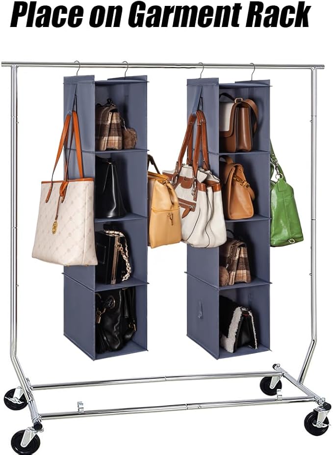 Bag Rack for Closet - Hanging Purse Organizer Handbag Storage Bags Holder 2Pack 8 Shelves Keep Organized Grey