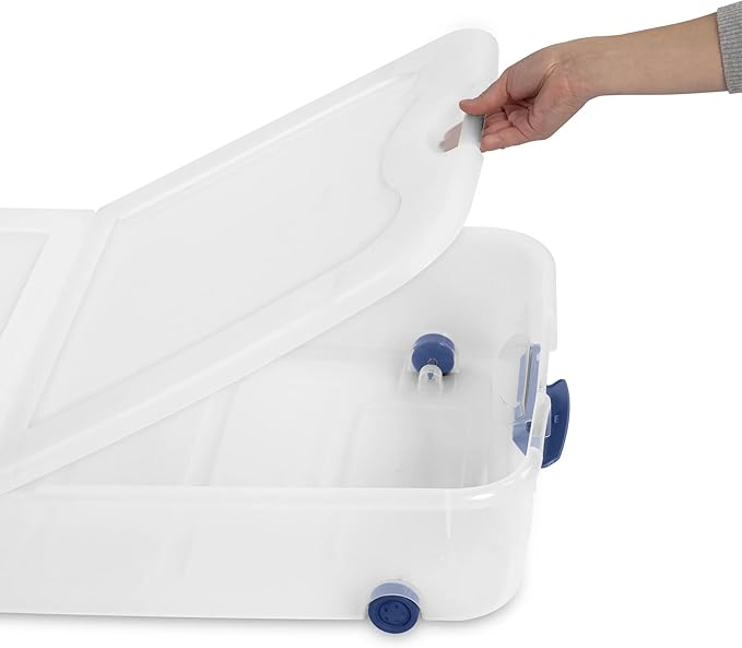 Blue 66-Quart Clear Underbed Storage Bin with Wheels & Latch Lid, Multi-Use Large Under-Bed Organizer