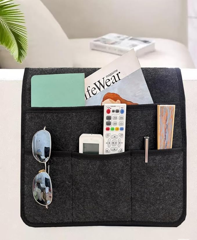 KAKKOII Sofa Armrest Caddy, Armchair Caddy for Recliner, Couch Organizer, Bedside Organizer, Remote Holder with Silicone Non-slip Design,4 Pockets for Magazine, Notepad,Phone, Ipad, Glasses (Black)
