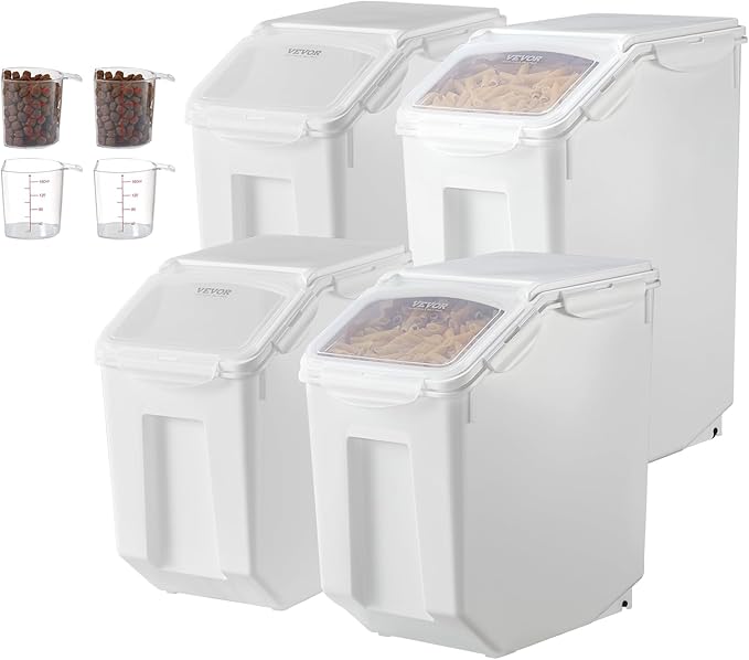 VEVOR Rice Storage Container, 3.5Gal/15Lx2 + 4.5Gal/20Lx2 Large Dog Food Dispenser Bin, Kitchen Ingredient Grain Cereal Bin, Pet food Containers with Wheels, 4 Measuring Cups, Airtight Lid, 4 Pack