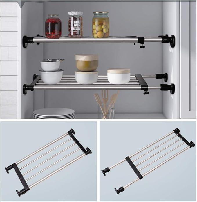 BAOYOUNI Adjustable Closet Shelf Expandable Shelves Tension Rod Hanger Space Saving Storage Rack Organizer Divider for Wardrobe, Cupboard, Kitchen, Bathroom Use, Black, 2 Pack