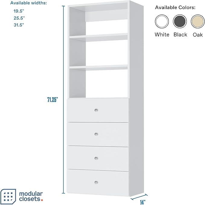 MC Modular Closets Closet Organizer - Tower with 4 Drawers, White, 19.5" W x 14" D x 71.25" H, 350 lb Capacity