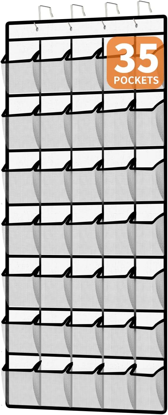 Lovetorejin 35-Pocket Over the Door Shoe Organizer - Large Mesh Hanging Shoe Rack for Closet, Dorm & Bathroom, HeavyDuty Storage Holder with 4 Metal Hooks, Space Saving Shoe Organizer