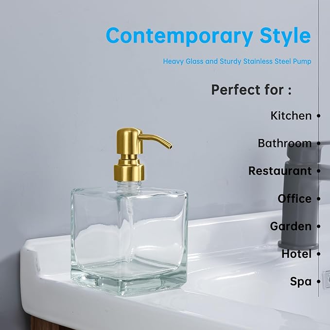 Square Bathroom Soap Dispenser Brushed Gold, 16 oz Glass Bottles with Stainless Steel Pump Retangle Cube Liquid Large Capacity Soap Dispenser Kitchen