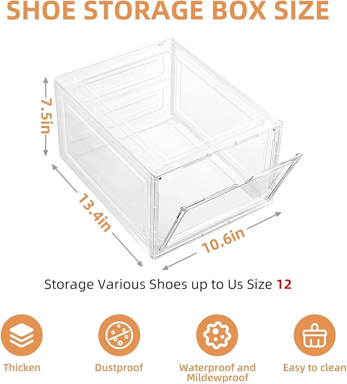 Large Shoe Boxes Clear Plastic Stackable，Drop Front Shoe Box with Clear Door, Shoe Containers For Sneaker Display,Fit up to US Size12