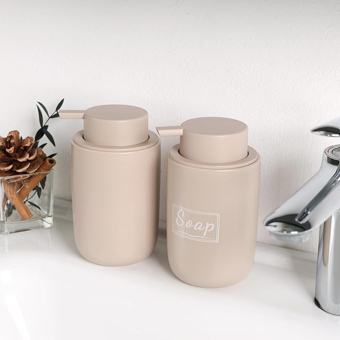 BosilunLife Khaki Soap Dispenser Set - 2 Pack 12oz Ceramic Dish Soap Dispenser with Rust Proof Pump for Kitchen, Hand Soap and Lotion Set Suitable for Farmhouse Bathroom Decor with Waterproof Labels