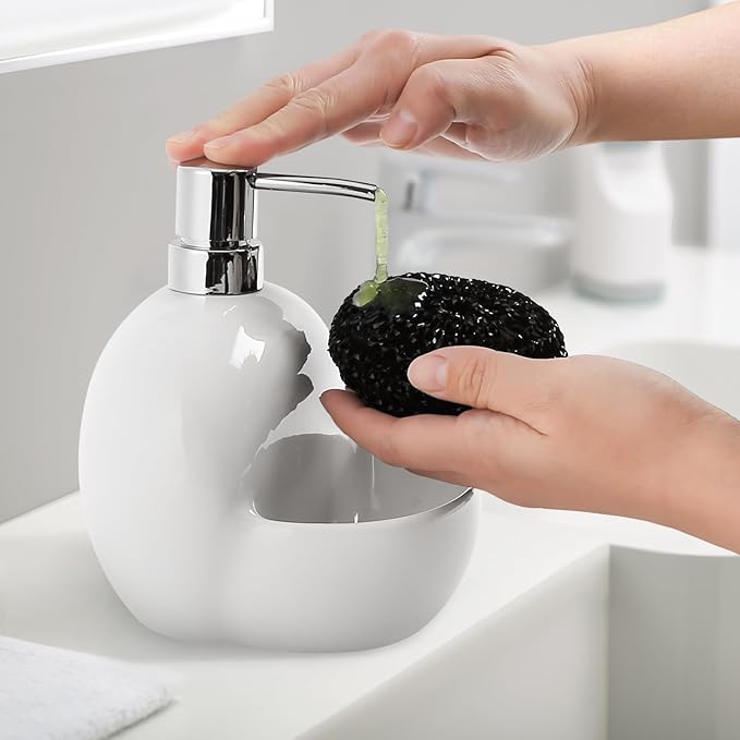 Soap Dispenser with Sponge Holder Ceramic Hand and Dish Soap Dispenser 25oz for Kitchen Bathroom