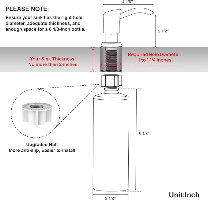 GAGALIFE Built in Sink Soap Dispenser or Lotion Dispenser for Kitchen Sink, Chrome ABS Pump Head, with 17 Ounce Large PET Soap Bottle