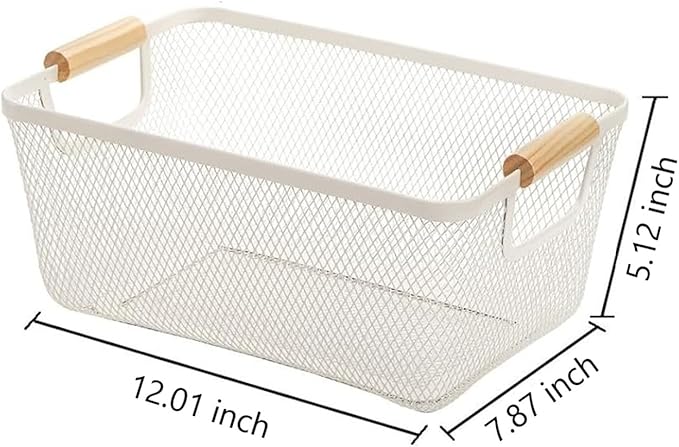 Metal Mesh Steel Basket, Medium Wire Storage Organizer Basket Multi-function Hanging Kitchen Basket with Wood Handle for Kitchen Bathroom Picnic Home, Rectangle-Off White