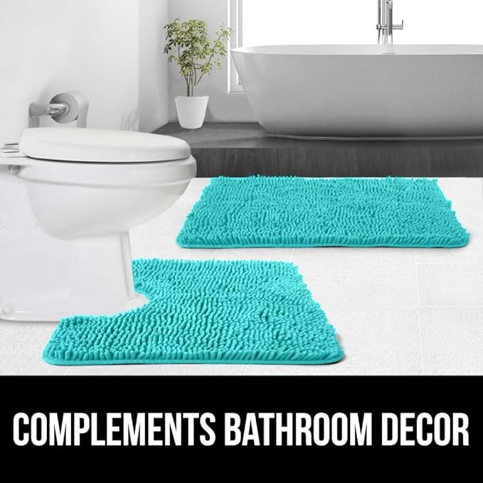 GORILLA GRIP Plush Absorbent Shaggy Chenille Bath Rug Mat for Square Toilet Base with Rubber Backing, Machine Washable Rugs, Soft Microfiber Contour Mats for Toilets, Bathroom Decor, Turquoise