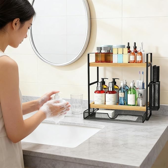 2 Tier Spice Rack Organizer for Countertop with Drawer and Basket, Suitable for Coffee Organizer, Kitchen Counter Storage, Bathroom Storage