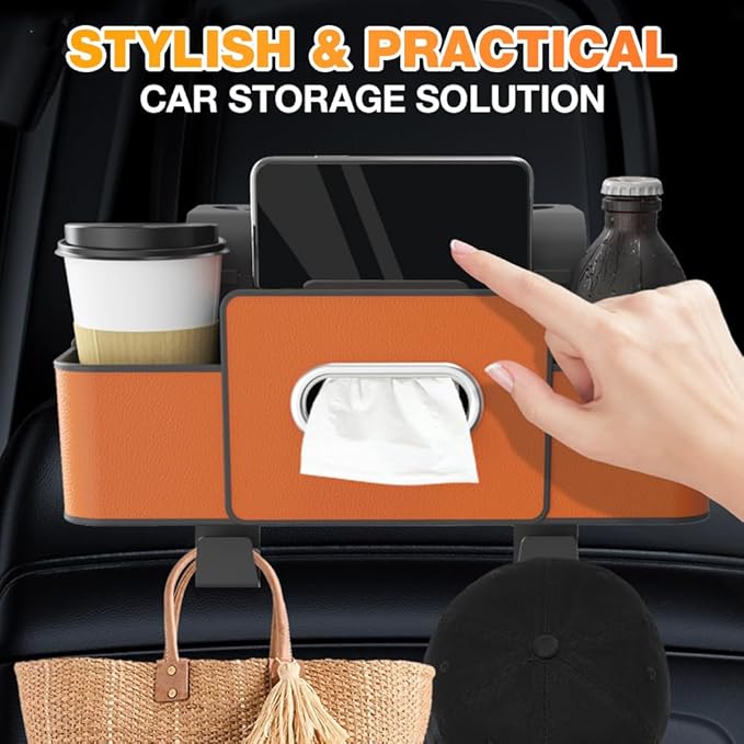 3-in-1 Car Backseat Organizer with Cup Holder, Tissue Box, Trash Bin & Hooks, 2026 Multifunctional Back Seat Car Organizer for Phones, Snacks, Drinks, and Handbags (brown)