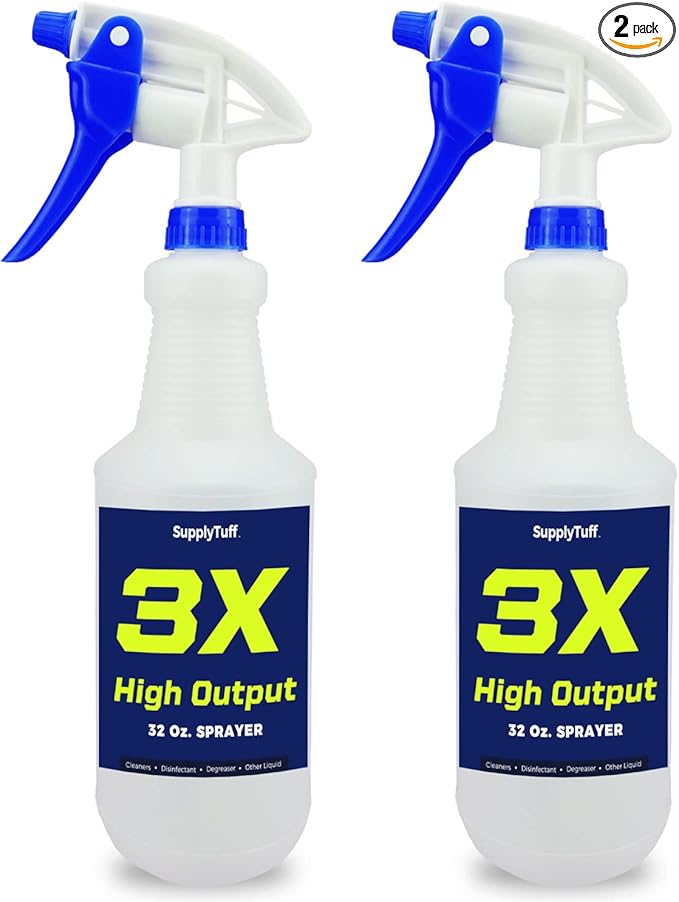 3X High Output Heavy Duty Spray Bottles for Cleaning Solutions, 2 Pack, 32 oz Commercial, Industrial Spray Bottles for Household Cleaning and Car Detailing.