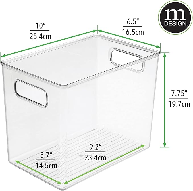 mDesign Plastic Modern Kitchen, Pantry Food Storage Container Bin w/ Handles - Cabinet, Fridge/Freezer, Countertop Organizer - Snacks/Drink/Appliances; Ligne Collection, Clear, 10x6.5x7.75 (Pack of 2)