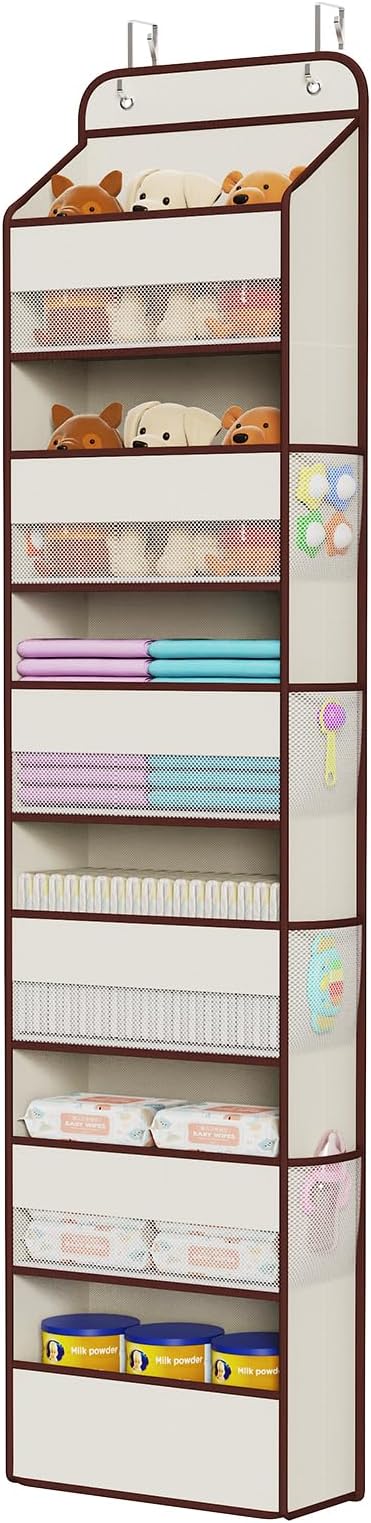 Univivi 6 Tier Over The Door Organizer With 8 Mesh Side Pockets, Bathroom Organizers and Storage Over The Door Organizer For Nursery Baby Essentials (Beige)