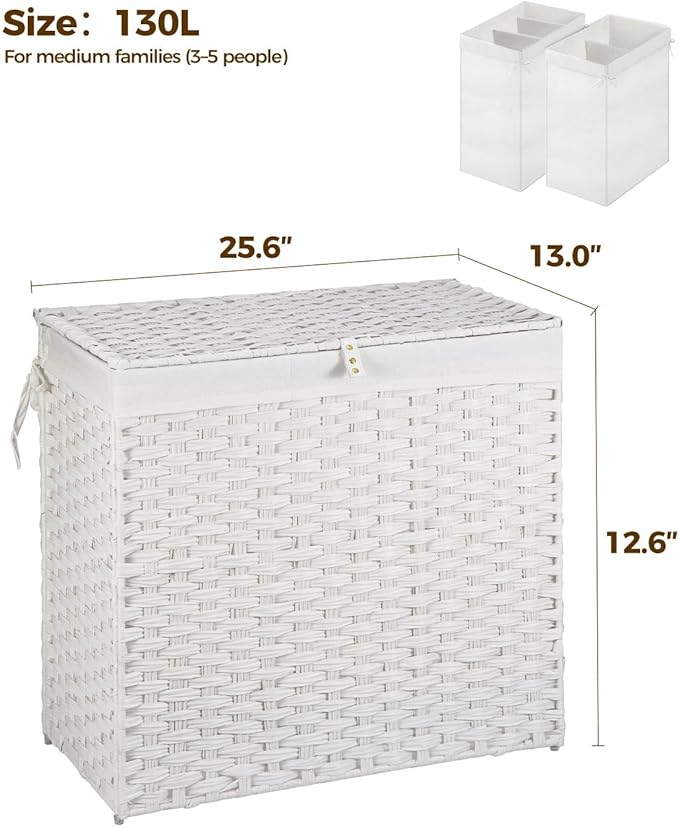 Greenstell Laundry Hamper with Wheels&Lid,130L Large 3 Sections Clothes Hamper with 2 Types Removable Liner Bags, 5 Mesh Laundry Bags, Handwoven Divided Laundry Basket White