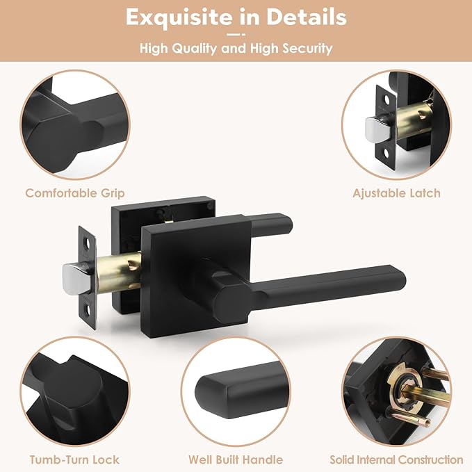 Passage Square Keyless Door Handle Without Key,Only Latch Required,Interior Exterior Free Rotation/One-Touch Opening,Reversible Left Right Lever Lock,ADA-Compliant,for Hallway Closet