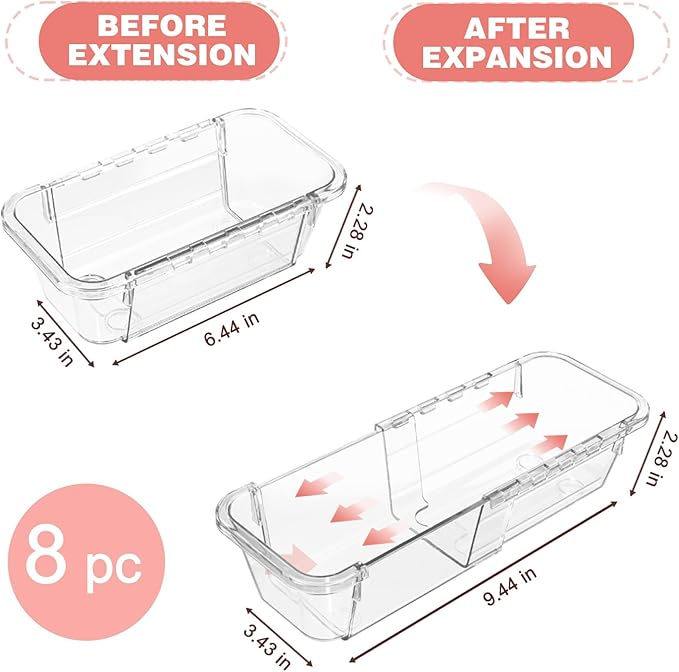 8 Pcs Medium Extendable Clear Drawer Organizer, All Adjustable Vanity Storage Box, 2-Size Desk Drawer Organizer, Acrylic Storage Bins for Makeup, Cosmetic, Bedroom Dressers Tool Organizer for Gadgets
