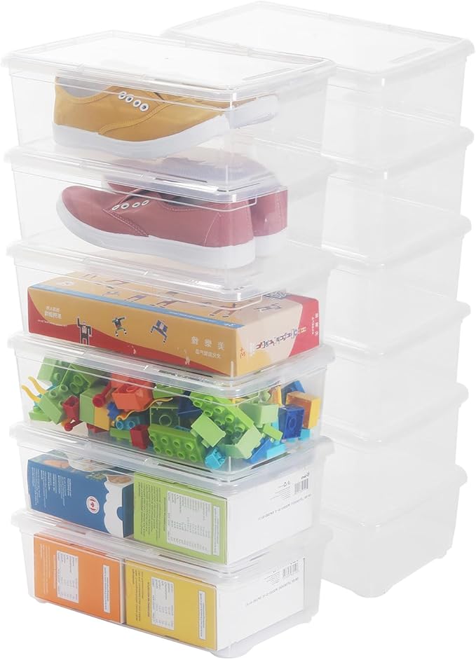 Shoe Storage Box Clear Plastic Stackable Storage box with Lid Durable Closet Containers for Shoes, Crafts and Art Supplies (12 Pack-6Qt)