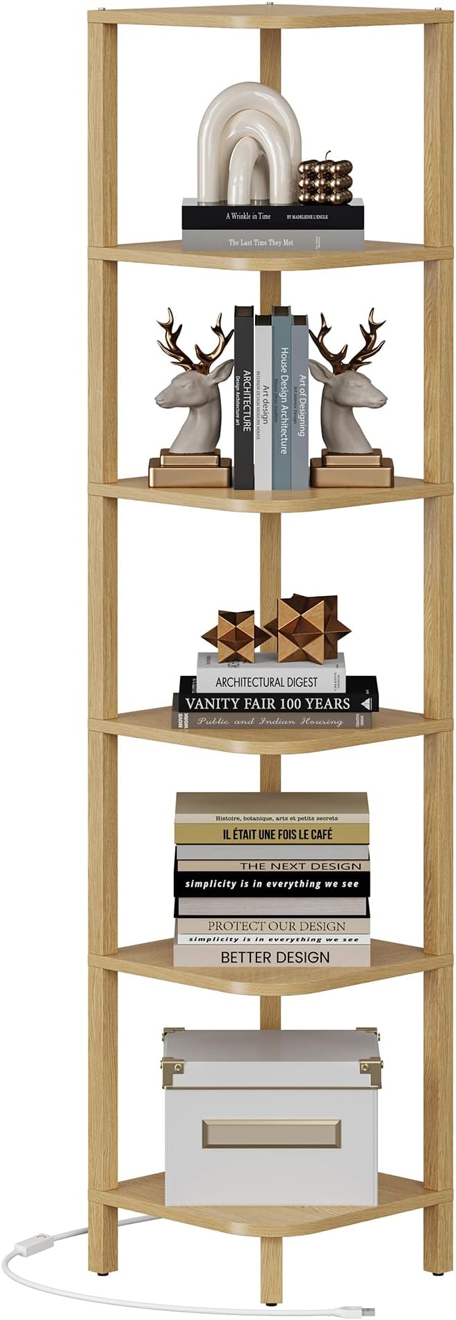 TUTOTAK Corner Shelf with LED Light, 6-Tier Corner Bookshelf for Small Space, Narrow Display Corner Shelf Stand with Storage Rack, for Living Room, Bedroom, Natural BS08BN006L