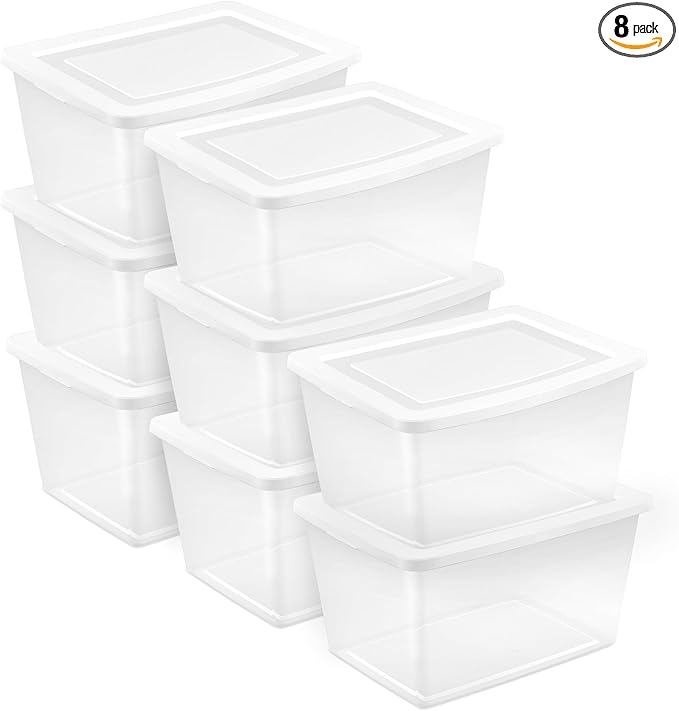 Sterilite 8-Pack Storage Box, Clear Plastic Storage Container Bins with Lids, 58 Quart - Heavy-Duty Organizing Containers for Closet, Bathroom, and Office