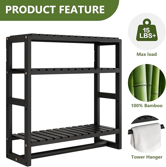 Over The Toilet Storage Bathroom Shelves Wall Mounted 3 Tier Space Saver Corner Shelf Organizer Bamboo Towel Rack Toilet Paper Cabinet with Hanging Rod Black Sets