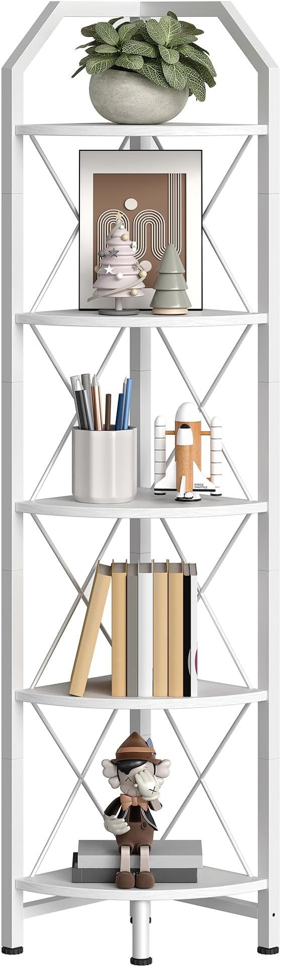 5-Tier Corner Shelf, Industrial Corner Bookshelf, 59.4" Corner Storage Stand, Plant Stand Display Shelf, Corner Bookcase for Bedroom, Living Room, Home Office, White TCJ10WB
