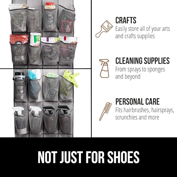 GORILLA GRIP Over the Door Shoe Organizer, 24 Extra Large Breathable Mesh Pockets, Space Saving Hanging Storage Holder, 4 Hook Closet Rack Hanger, Hangs on Closets for Shoes and Accessories, Gray