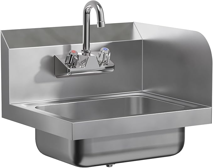 AmGood Stainless Steel Wall Mount Hand Sink with Faucet and Right Sidesplash 17" x 15" | NSF Commercial Hand Washing Basin For Restaurant, Kitchen and Home | Bowl Size: 10" x 14"