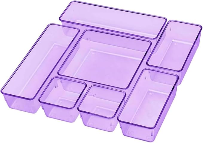 Acrimet Drawer Organizer Modular, Box Tray Storage Bins for Office, Home, Makeup, Kitchen, Junk Drawer (7 Units - 4 Sizes) (Clear Purple Plastic)