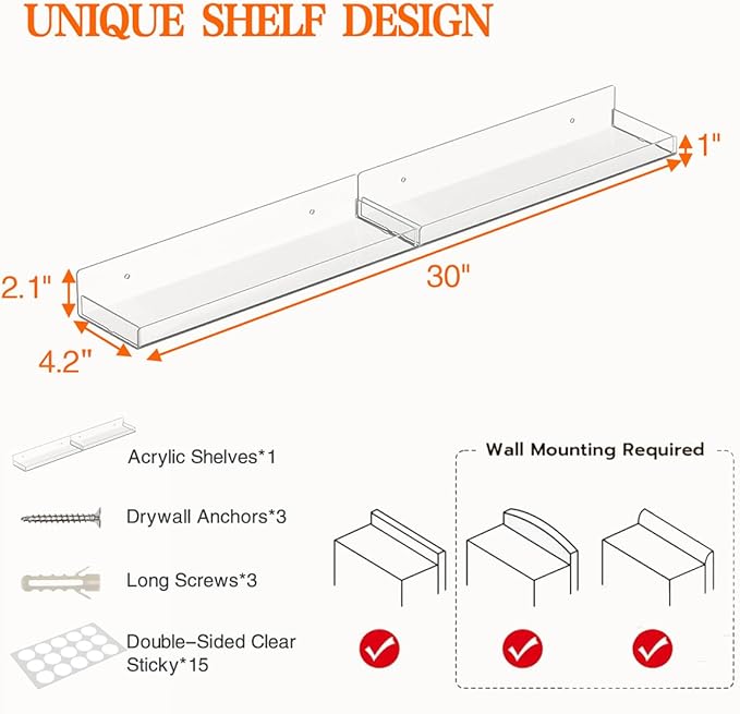 30" Over Stove Shelf for Back of Stove, Acrylic Stove Top Shelf for Kitchen Stove, Floating Shelves for Wall, Space-Saving Spice Rack, Two Mounting Options, Heat-Resistant & Durable