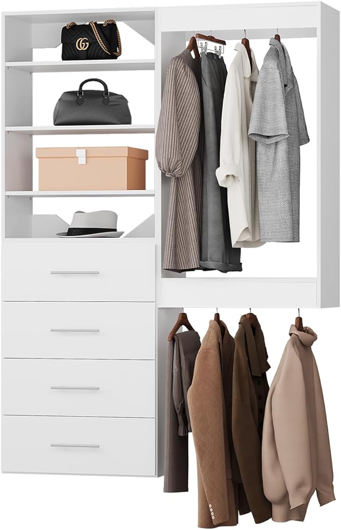 ROOMTEC Modular Closet System, 55" Wall-Mounted Closet Organizer with Drawers and Hanging Rods, Wooden Tower for Walk-In Closets, Wardrobe Storage Kit, White