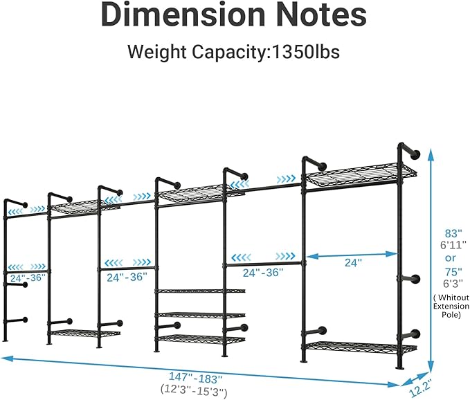 Timate F6 Wall Mounted Clothes Rack - Expandable Industrial Pipe Closet System, Heavy Duty Hanging Garment Rack, Closet Organizer & Storage Solution for Wardrobe, Bedroom,Walk-in Closets,Black