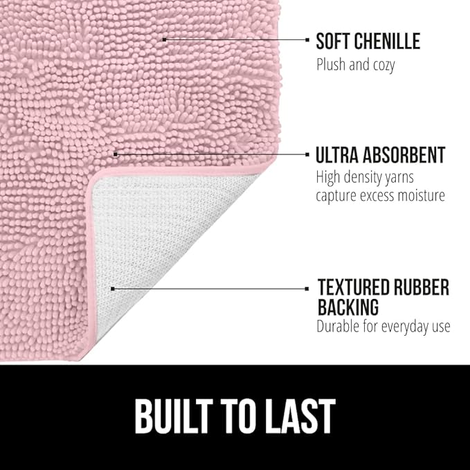 GORILLA GRIP Bath Rug Mat 30x20, Thick Soft Absorbent Chenille, Quick Dry Microfiber Mats, Rubber Backing Washable Shower Floor Rugs, US Designed Bathroom Bathmat Home Decor Accessories, Light Pink