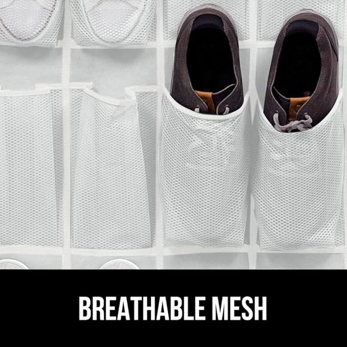 GORILLA GRIP Over the Door Shoe Organizer, 24 Extra Large Breathable Mesh Pockets, Space Saving Hanging Storage Holder, 4 Hook Closet Rack Hanger, Hangs on Closets for Shoes and Accessories, White