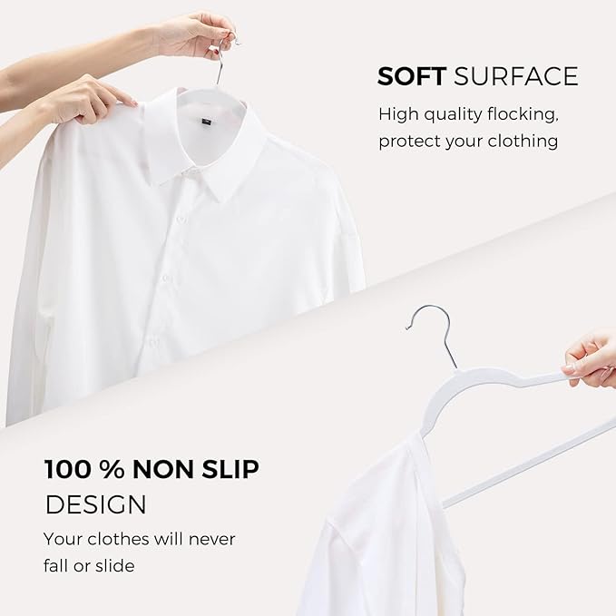 HOUSE DAY Premium Velvet Hangers 50 Pack, Non-Slip Flocked Felt Hangers, Sturdy Clothes Hangers with 360° Rotatable Hook, Heavy Duty Coat Hanger, Durable Slim White Hanger for Closet Space Saving