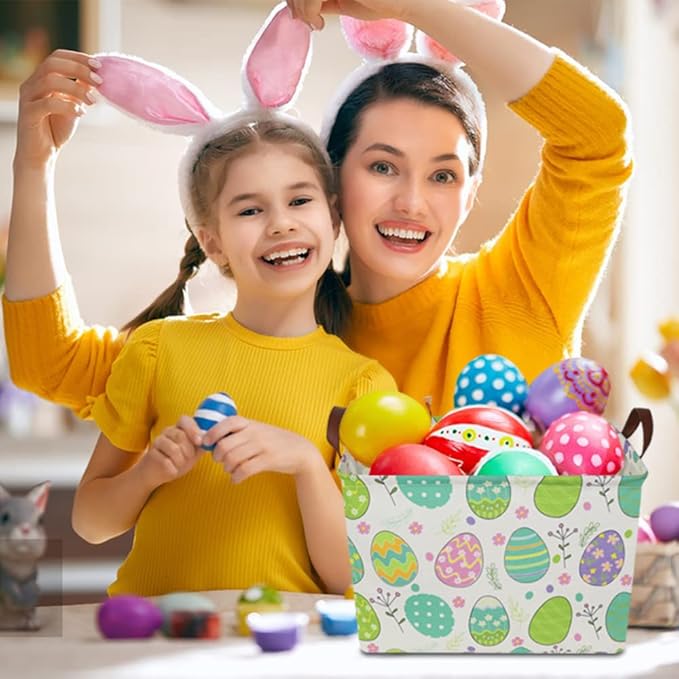 Large ,Empty,Rectangular Colerful Eggs Basket for Boys and Girls Gift,Kids Toy Storage Bin with Hand Painted easter eggs,Baby Room Decor (Easter Basket)