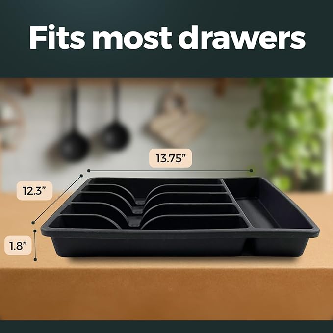 Silicone Silverware Drawer Organizer – Non-Slip Utensil Holder for Kitchen Drawers | Cutlery Tray for Forks, Knives, Spoons & More | Durable, BPA-Free, Easy to Clean – Black