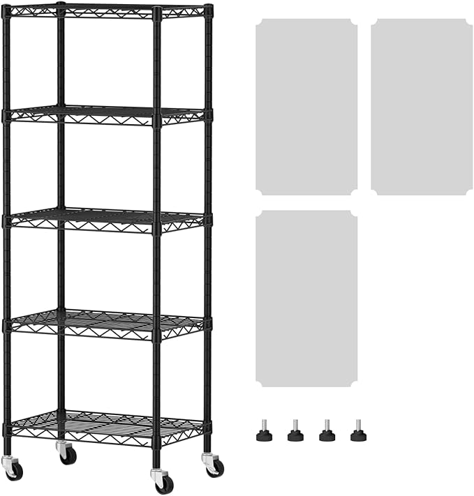 SINGAYE 5 Small Shelf Storage Wire Shelves Closet Bathroom Organizers Metal Pantry Kitchen Garage Shelving Unit Laundry Room Organization Home Narrow Rack Net Basket with Wheels Black