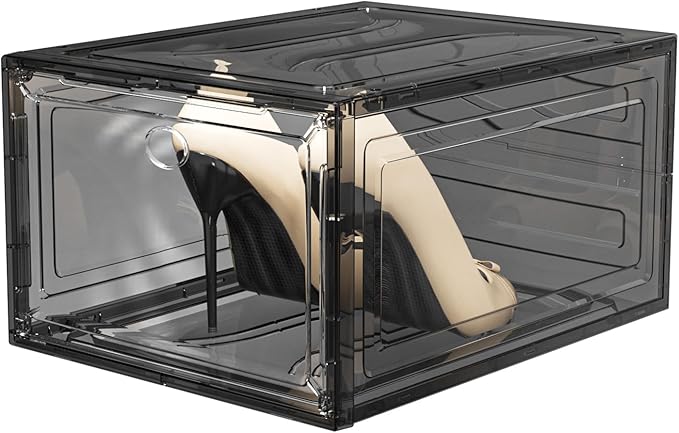 ARSTPEOE Upgrade Harder Solid Plastic Shoe Organizer with Magnetic Front Door, 12 Pack Shoe Boxes Clear Stackable, Sneaker Storage for Closet, Shoe Display Case, Black