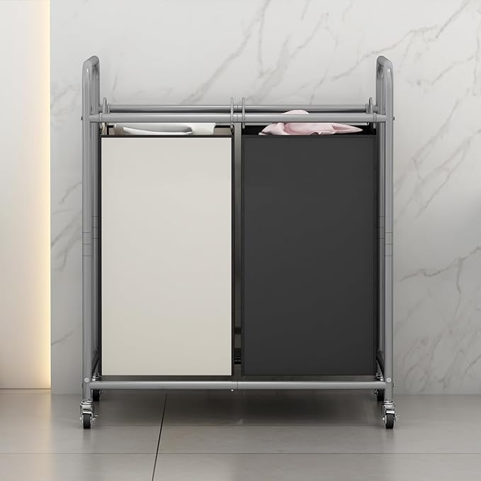 SUOERNUO Laundry Sorter Basket 2 Bag Laundry Hamper Cart with Rolling Lockable Wheels and Removable Bags Laundry Organizer Cart for Clothes Storage, Assorted