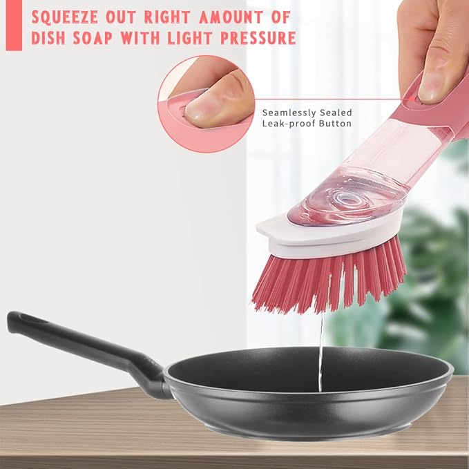 Dish Cleaning Brush, Soap Dispensing Dish Brush Set with 4 Replacement Heads and Storage Holder, Kitchen Scrub Brush for Dish Pot Pan Sink Cleaning (Pink)