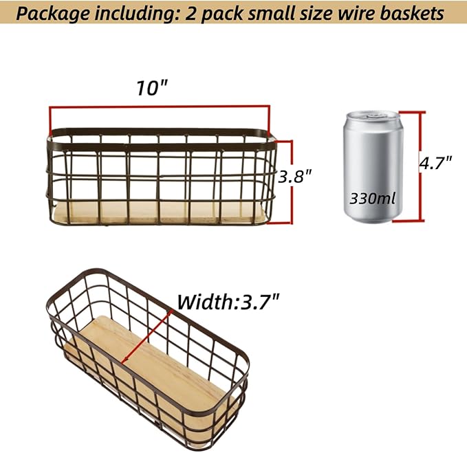 Dicunoy Set of 2 Small Wire Baskets, Narrow Rustic Storage Bin for Bathroom Counter, Farmhouse RectangleOrganizer Tray for Kitchen Countertop, Pantry, RV, School Classrooms, Office Decorative