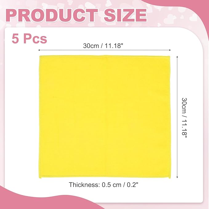 uxcell 5 Pcs Microfiber Cleaning Cloth, Kitchen Towels Reusable Microfiber Towels Highly Absorbent for Household Cleaning Supplies, Kitchen, Bathroom, Yellow(Square), 11.8" X11.8