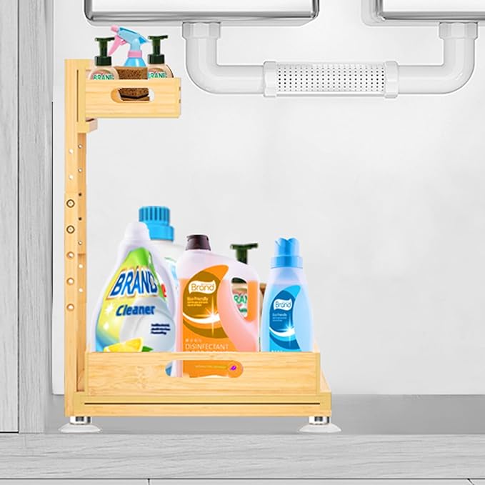 Under Sink Organizer, Pull Out Cabinet Organizer, 2 Tier Slide Out Sink Shelf Cabinet Storage Shelves, Storage for Kitchen Bathroom, Natural Premium Bamboo Wood